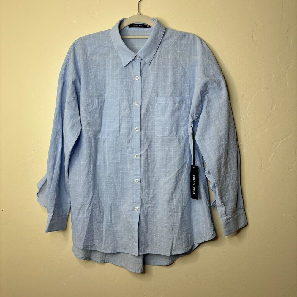 Doe & Rae Shirt Women's Med Light Blue Seersucker Ruffle Sleeve Cotton Button Up